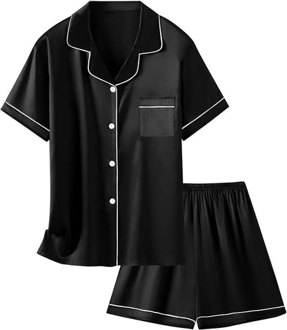 Schbbbta Kids Satin Pajamas, 2 Pcs Sleepwear Short Sleeve Silk Satain Summer Pajama Set for Teen Girls and Boys, Dark Black, 11-12 Years = Tag 160