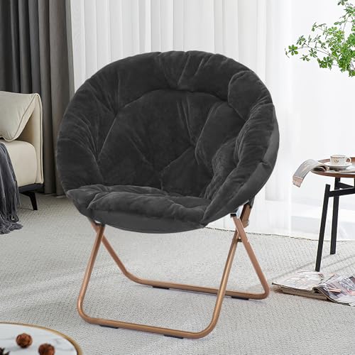 SFIHOME Foldable Oversized Moon Chair, Large Soft Lazy Cozy Comfortable Faux Fur Round Saucer Moon Chair for Teens and Adults, Black