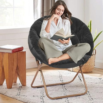 SFIHOME Foldable Oversized Moon Chair, Large Soft Lazy Cozy Comfortable Faux Fur Round Saucer Moon Chair for Teens and Adults, Black