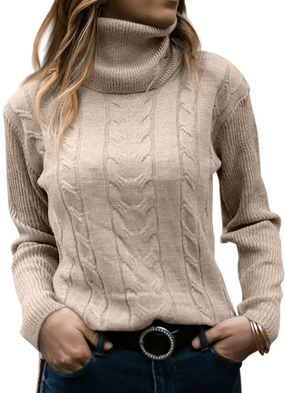 Womens Turtleneck Sweaters Long Sleeve Pullover Cable Knit Sweaters Soft Jumper Beige