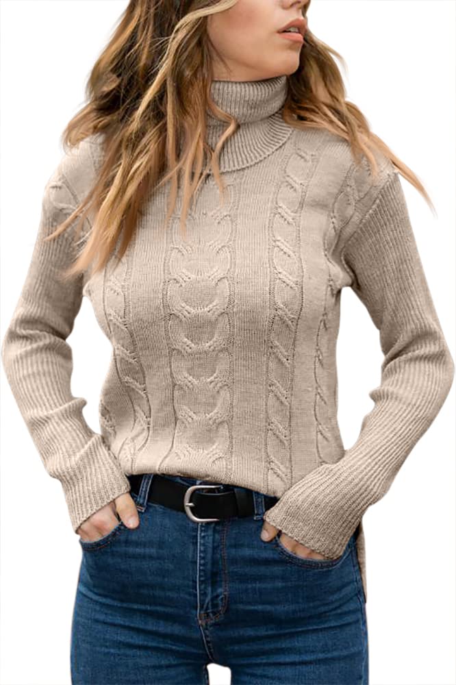 Womens Turtleneck Sweaters Long Sleeve Pullover Cable Knit Sweaters Soft Jumper Beige