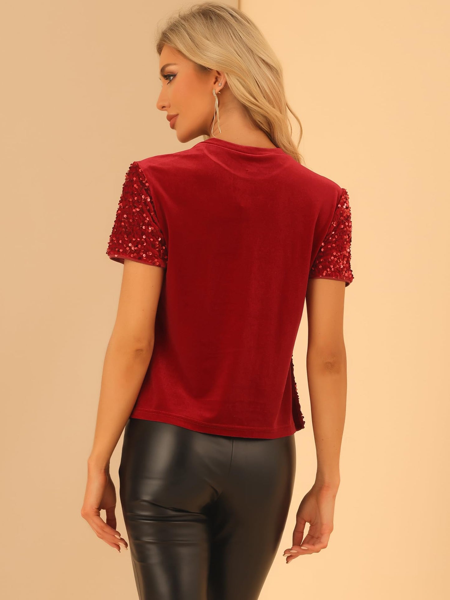 Allegra K Sequin Top for Women's Velvet Crew Neck Short Sleeve Party Clubwear Blouse Small Red