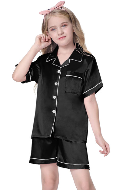 Schbbbta Kids Satin Pajamas, 2 Pcs Sleepwear Short Sleeve Silk Satain Summer Pajama Set for Teen Girls and Boys, Dark Black, 11-12 Years = Tag 160