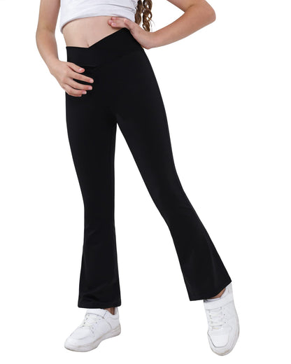 Girls Yoga Pants V Cross Waist Wide Leg Workout Flare Pants High Waist Bootcut Pants Black