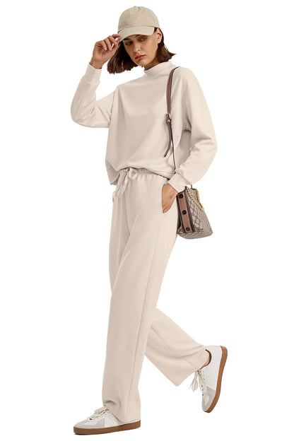 WIHOLL Travel Outfits for Women High Neck Basic Lounge Set Wide Leg Pants Loungewear Two Piece Workout Sets Vacation Airport Outfits Women's Track Suit Fall Winter Going Out Clothing Beige M