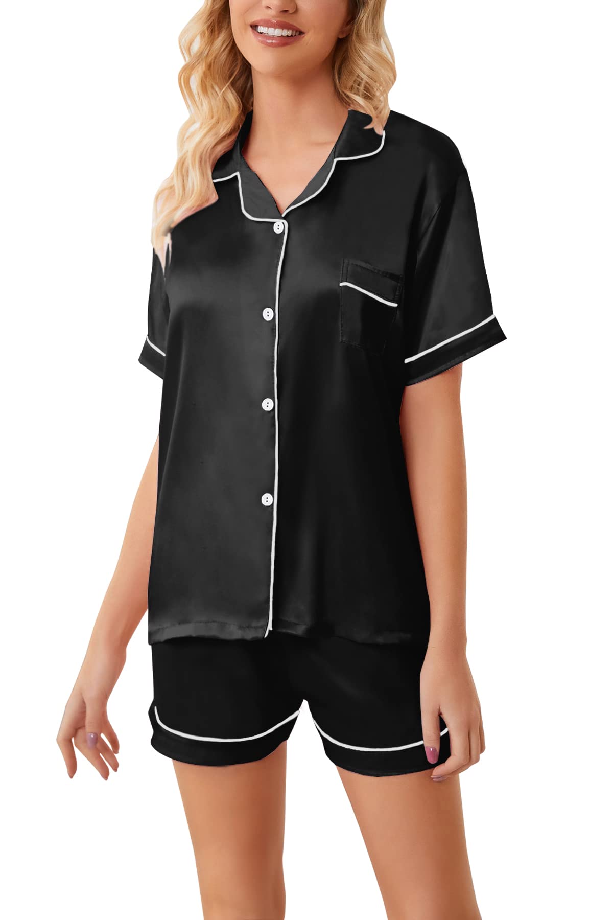 Schbbbta Kids Satin Pajamas, 2 Pcs Sleepwear Short Sleeve Silk Satain Summer Pajama Set for Teen Girls and Boys, Dark Black, 11-12 Years = Tag 160