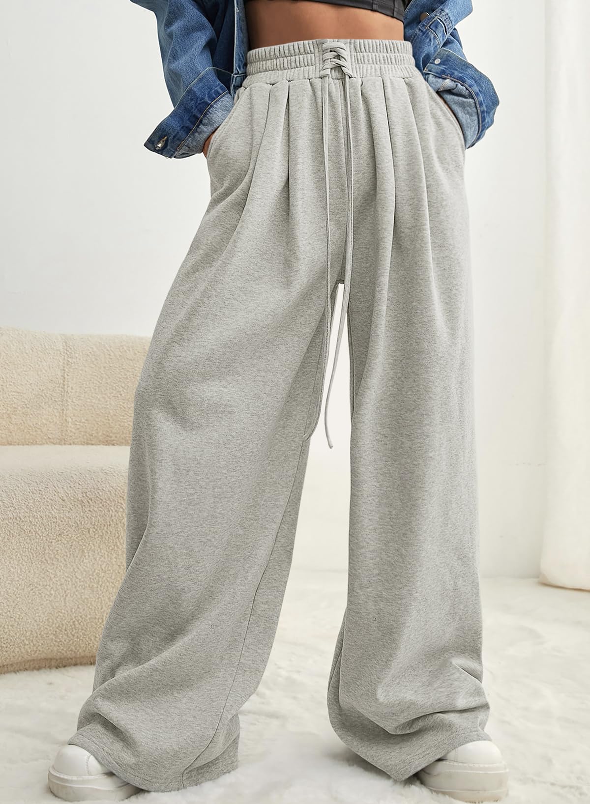 Aleumdr Woman Wide Leg Sweatpants 2024 Fall Winter Trendy Palazzo Baggy Pants High Waist Drawstring Track Pants with Pockets Gray Medium