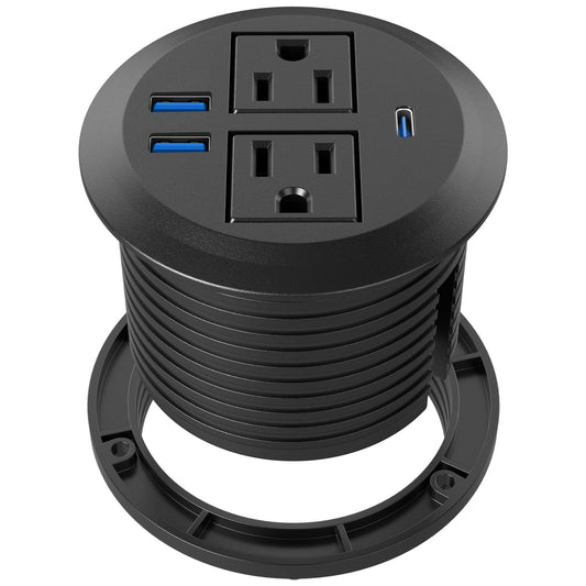 Recessed Power Grommet with AC Outlets, 20W Fast Charging USB-C Port - Flush-Mount for Desktop,Workspace Essential Desk Outlet Black