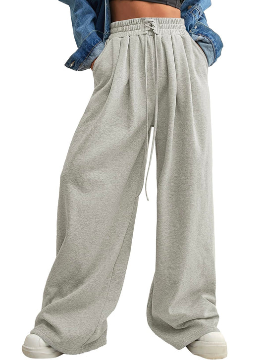 Aleumdr Woman Wide Leg Sweatpants 2024 Fall Winter Trendy Palazzo Baggy Pants High Waist Drawstring Track Pants with Pockets Gray Medium