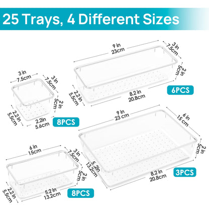 Vtopmart 25 PCS Clear Plastic Drawer Organizers Set, 4-Size Versatile Bathroom and Vanity Drawer Organizer Trays, Storage Bins for Makeup, Bedroom, Kitchen Gadgets Utensils and Office