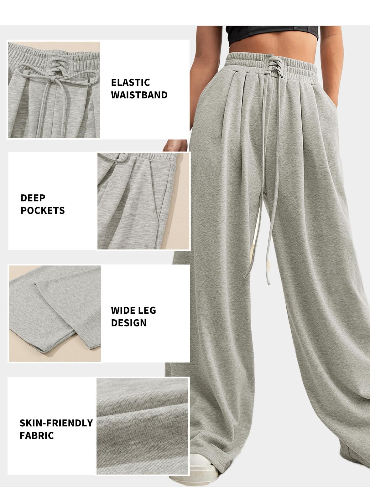 Aleumdr Woman Wide Leg Sweatpants 2024 Fall Winter Trendy Palazzo Baggy Pants High Waist Drawstring Track Pants with Pockets Gray Medium