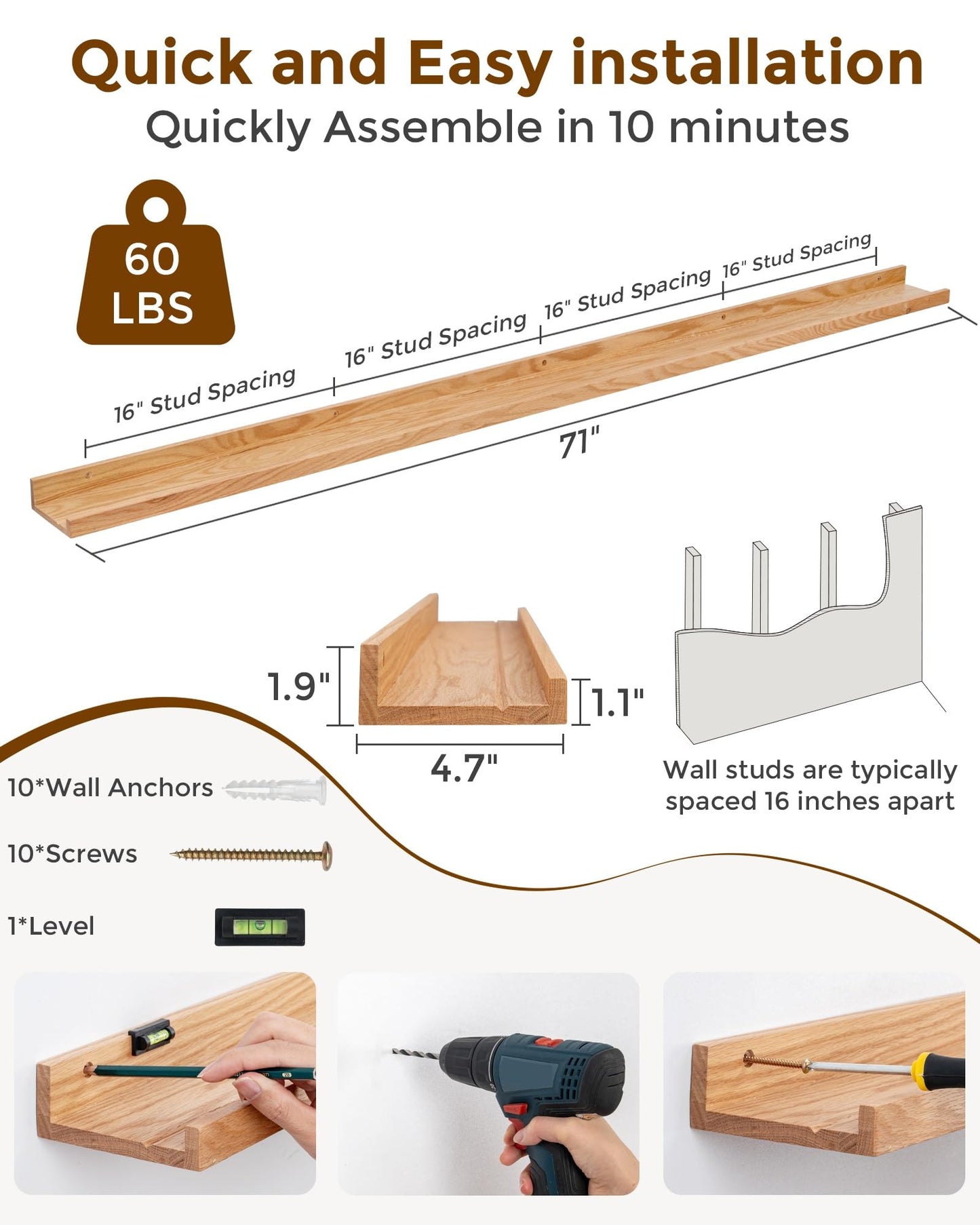 Axeman Oak Floating Shelves 71 Inch Picture Ledge Shelf Set of 2, Solid Wood Shelves with Lip for Wall Decor Storage Bedroom Living Room Bathroom Kitchen, Natural Oak