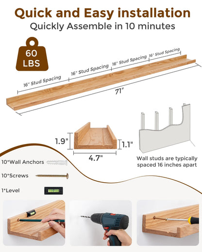 Axeman Oak Floating Shelves 71 Inch Picture Ledge Shelf Set of 2, Solid Wood Shelves with Lip for Wall Decor Storage Bedroom Living Room Bathroom Kitchen, Natural Oak