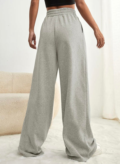 Aleumdr Woman Wide Leg Sweatpants 2024 Fall Winter Trendy Palazzo Baggy Pants High Waist Drawstring Track Pants with Pockets Gray Medium