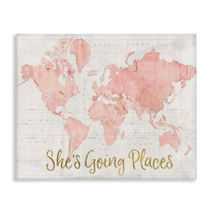 Stupell Industries She's Going Places Quote Pink Watercolor World Map, Canvas, ab-961_cn_16x20, 16 x 20