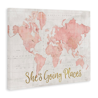 Stupell Industries She's Going Places Quote Pink Watercolor World Map, Canvas, ab-961_cn_16x20, 16 x 20