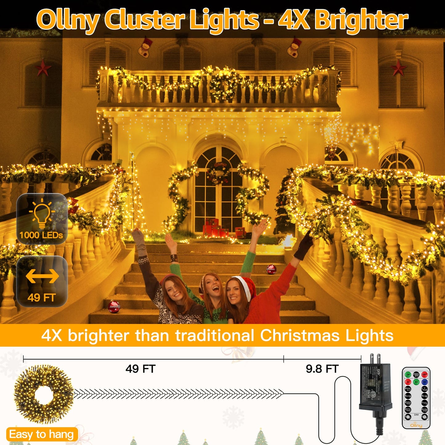 Ollny Cluster Lights Christmas 1000LED 49FT, Warm White Christmas Tree Lights 8 Modes Timer Remote, Waterproof String Lights for Outdoor Indoor Outside Garland Xmas Decorations