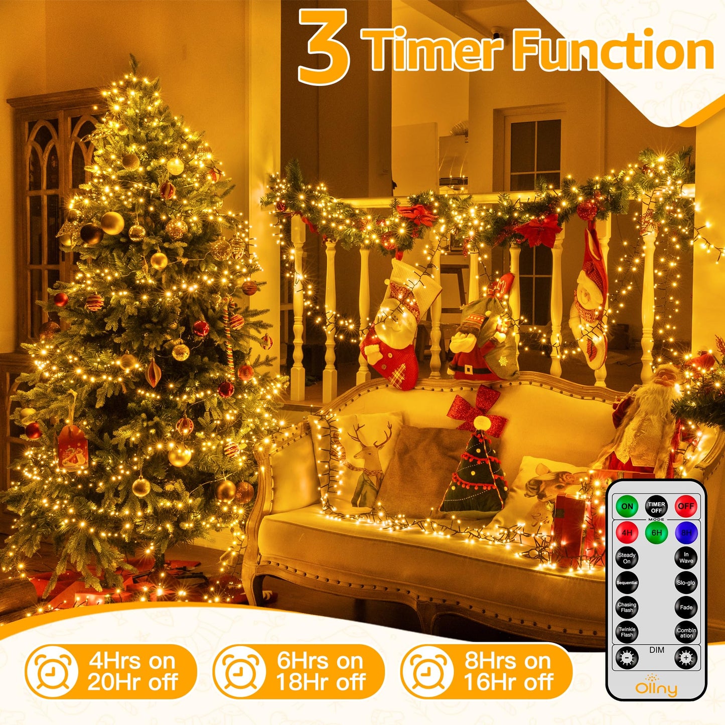 Ollny Cluster Lights Christmas 1000LED 49FT, Warm White Christmas Tree Lights 8 Modes Timer Remote, Waterproof String Lights for Outdoor Indoor Outside Garland Xmas Decorations